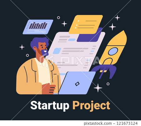 Startup project business concept man working computer rocket charts documents dark background website mobile app template Startup project business concept man working computer rocket charts documents dark background website mobile app template 121673124