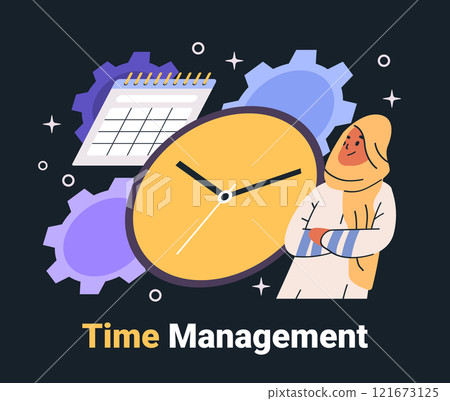 Time management concept woman clock calendar gears. Illustration depicts a woman in a hijab with a large clock calendar and gears on a dark background Time management concept woman clock calendar gears. Illustration depicts a woman in a hijab with a large clock calendar and gears on a dark background 121673125