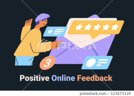 Positive online feedback concept illustration depicting a person interacting with rating icons and messages on a dark background website interface 121673126