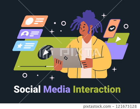 Social media interaction concept person using laptop digital communication colorful chat icons dark background website mobile app 121673128