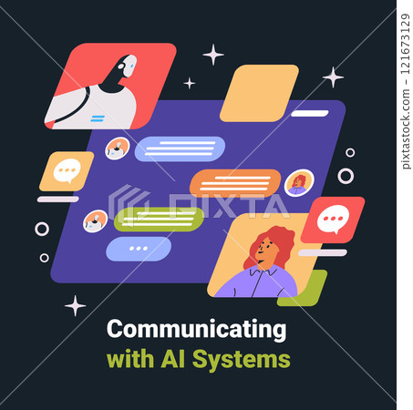 Communicating with AI Systems chatbot interaction colorful vibrant dark background futuristic messaging bubbles characters modern web mobile interface 121673129