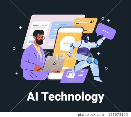 AI Technology business concept robot man laptop. Illustration shows human working on laptop robot holding speech bubble large smartphone with chat interface. Website design dark background 121673133