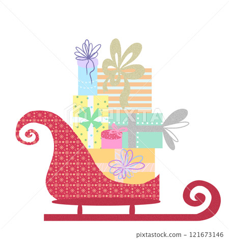 Figured sleigh with colorful gift boxes on a white background 121673146