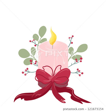 Burning candle decorated with bow, berries and twigs on a white background Burning candle decorated with bow, berries and twigs on a white background 121673154