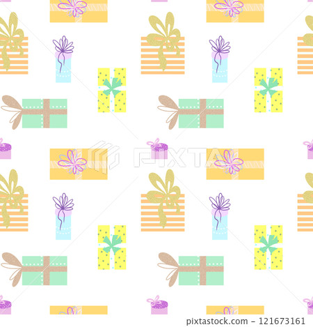 Seamless pattern with gift boxes tied with bows on a white background Seamless pattern with gift boxes tied with bows on a white background 121673161