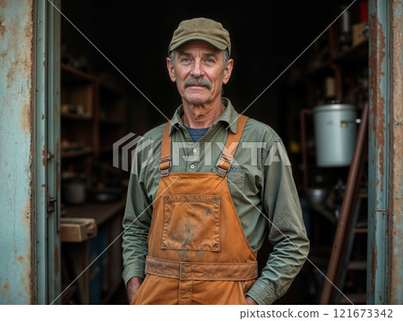 Skilled craftsman stands confidently at workshop entrance wearing overalls and cap 121673342