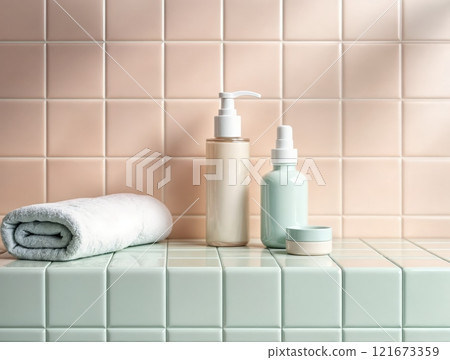 Display of skin care products arranged on a tiled countertop in a bright bathroom setting 121673359