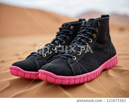 Stylish black and pink high-top shoes on sandy desert terrain during daylight Stylish black and pink high-top shoes on sandy desert terrain during daylight 121673361