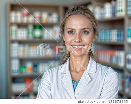 Smiling pharmacist in a well-organized pharmacy with shelves of medication and products 121673365