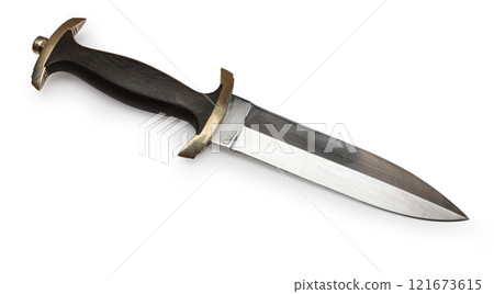 Hunting knife with serrated blade and wooden handle isolated on white background Hunting knife with serrated blade and wooden handle isolated on white background 121673615