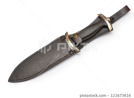 Hunting knife with leather sheath on white background Hunting knife with leather sheath on white background 121673616