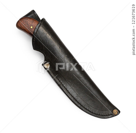 Hunting knife with leather sheath on white background 121673619