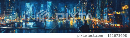 Header of a man looking at the city's night view 121673698