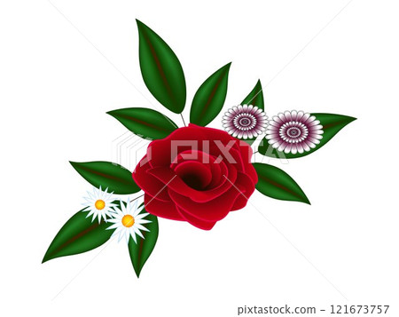 Red rose with daisies on a white background. 121673757
