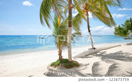 Alona Beach with coconut palm trees on Bohol Panglao Island, Philippines. Alona Beach with coconut palm trees on Bohol Panglao Island, Philippines. 121673759