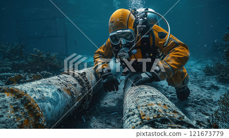Underwater diver in orange suit exploring coral reefs with large pipes in deep blue ocean environment highlighting marine exploration adventure 121673779