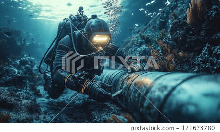 Underwater diver inspecting submarine pipeline in full gear surrounded by coral reefs and marine life during daytime exploration 121673780
