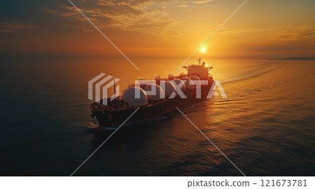 Majestic cargo ship sailing ocean waters at sunset with glowing horizon and tranquil sea in breathtaking evening scene 121673781