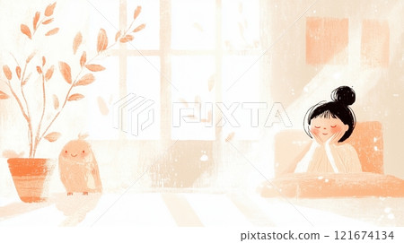 一個女人在陽光明媚的房間放鬆 121674134