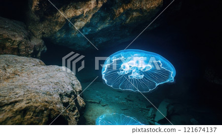 Glowing jellyfish underwater in a dark cave, illuminating the mysterious aquatic environment with a blue light. Glowing jellyfish underwater in a dark cave, illuminating the mysterious aquatic environment with a blue light. 121674137