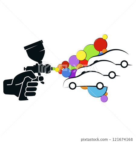 Spray gun in hand, car silhouette with colored paint 121674168