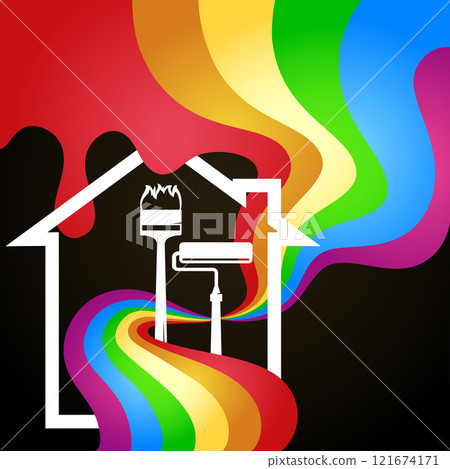 Waves and drops of colored paint, brush roller and house silhouette Waves and drops of colored paint, brush roller and house silhouette 121674171