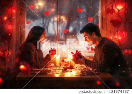 A romantic Valentine's Day scene, with a couple exchanging gifts by candlelight in a cozy setting adorned with red and pink decorations, evoking warmth and love 121674187