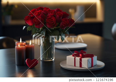 A Valentine's Day romantic table setting featuring red roses in a vase, glowing candles, and a gift box with a ribbon, creating an elegant and intimate ambiance A Valentine's Day romantic table setting featuring red roses in a vase, glowing candles, and a gift box with a ribbon, creating an elegant and intimate ambiance 121674196