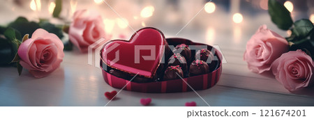A romantic Valentine's Day gift box, filled with chocolates, a handwritten love note, and delicate rose petals, set against a white tablecloth with scattered heart confetti, banner A romantic Valentine's Day gift box, filled with chocolates, a handwritten love note, and delicate rose petals, set against a white tablecloth with scattered heart confetti, banner 121674201