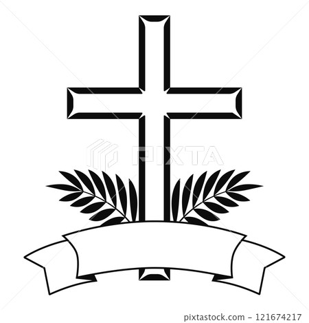 Christian cross with ribbon and leaves religious symbol Christian cross with ribbon and leaves religious symbol 121674217