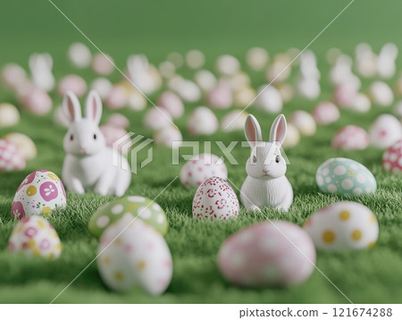 Easter celebration with hand painted eggs and rabbits on pastel green background 121674288