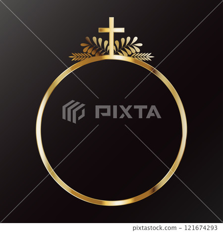 Round gold frame with Christian cross and plant leaves Round gold frame with Christian cross and plant leaves 121674293