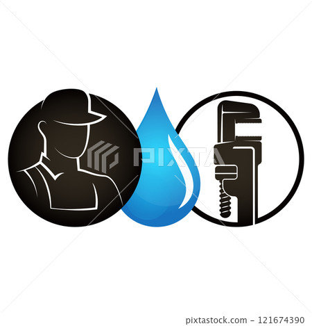 Plumber silhouette, water drop and wrench. Design for plumbing repair 121674390
