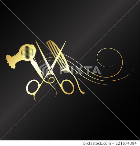 Scissors comb and hair dryer, gold design for a beauty salon Scissors comb and hair dryer, gold design for a beauty salon 121674394