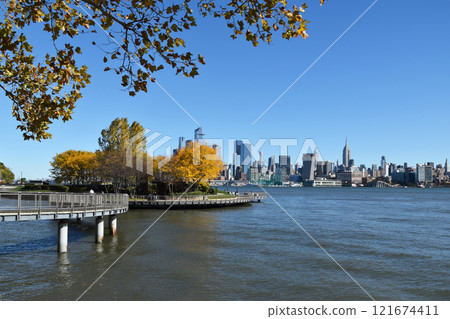 View of the skyscrapers of Manhattan from the water, New York landscape from the waterfront 121674411