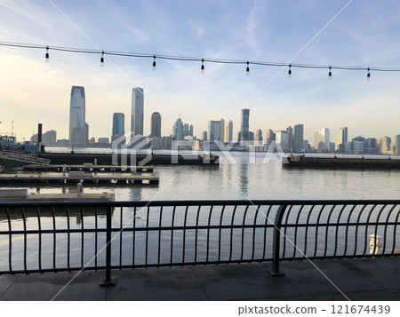View of the skyscrapers of Manhattan from the water, New York landscape from the waterfront View of the skyscrapers of Manhattan from the water, New York landscape from the waterfront 121674439