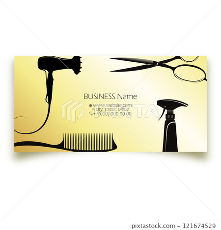 Gold business card for beauty salon, stylist scissors comb hair dryer 121674529