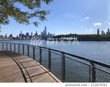 View of the skyscrapers of Manhattan from the water, New York landscape from the waterfront View of the skyscrapers of Manhattan from the water, New York landscape from the waterfront 121674561