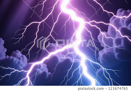 Dramatic purple lightning strikes amidst dark storm clouds illuminating the sky. AI generation Dramatic purple lightning strikes amidst dark storm clouds illuminating the sky. AI generation 121674765