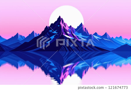 Vibrant mountain landscape with reflective lake at sunrise. AI generation 121674773