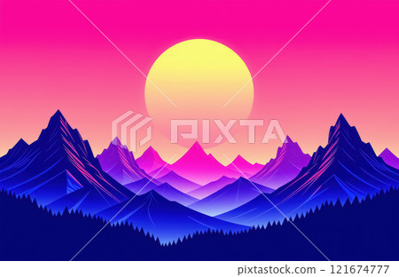 Vibrant neon sunset over majestic mountain range with bold colors. AI generation Vibrant neon sunset over majestic mountain range with bold colors. AI generation 121674777