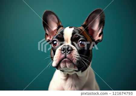 French bulldog portrait with curious expression on teal background. AI generation 121674793