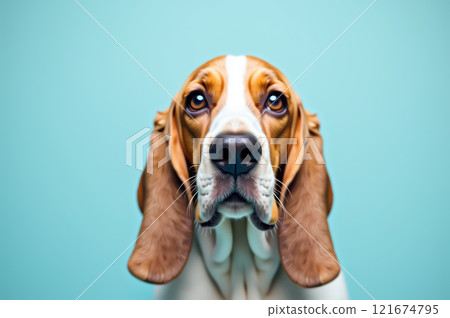 Adorable basset hound with long ears against light blue background. AI generation 121674795