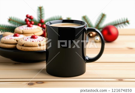Festive holiday scene with coffee mug and christmas cookies on wooden table. AI generation Festive holiday scene with coffee mug and christmas cookies on wooden table. AI generation 121674850