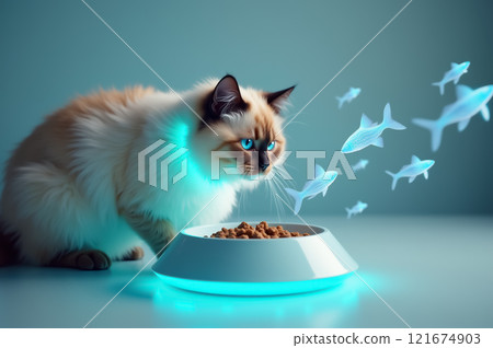 Curious cat observing holographic fish above futuristic food bowl. AI generation 121674903