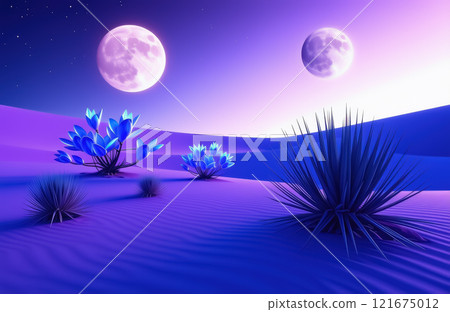 Surreal desert landscape with two moons and vibrant plants at night. AI generation 121675012