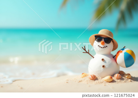 Summer beach snowman with straw hat and sunglasses enjoying a tropical vacation. AI generation 121675024