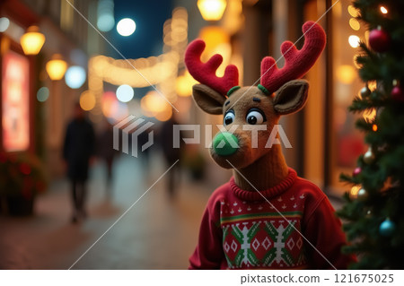 Festive reindeer character with red antlers and sweater on holiday street. AI generation 121675025
