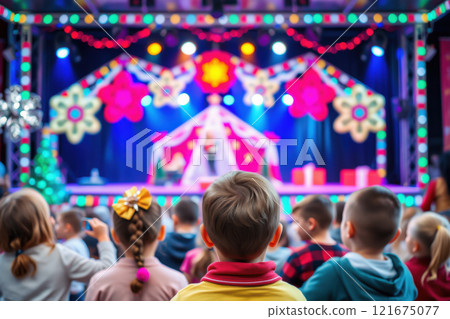 Festive children's theater show with colorful stage and engaged audience. AI generation 121675077