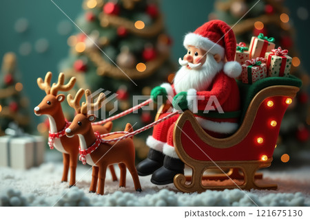 Festive santa claus with reindeer and sleigh in christmas wonderland scene. AI generation 121675130